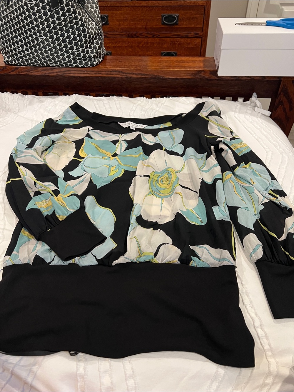 Trina Turk Black Floral Blouse with Mint and Yellow Accents